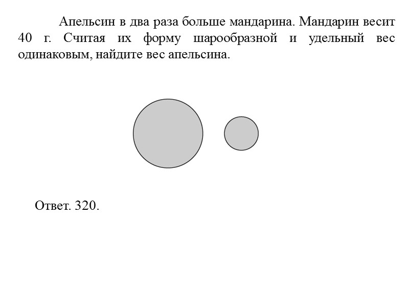 Апельсин в два раза больше мандарина. Мандарин весит 40 г. Считая их форму шарообразной